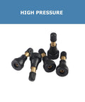 Tire valve stems: five high-pressure brass tubeless stems with black ends (front view)