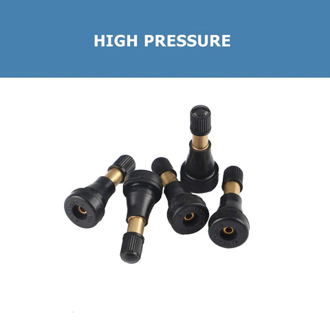 Tire valve stems: five high-pressure brass tubeless stems with black ends (front view)