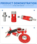 Top Tier 8Pc Diamond Tile Hole Saw Kit With Grout Bit And M14 Adapter For Stone, Tile, Brick Drilling On Angle Grinder Or Power Drill For Tough Home Renovation Jobs This Set Cuts Like A Dream And Never Gets Dull. red diamond hole saw kit with M14 adapter and grout bit displayed