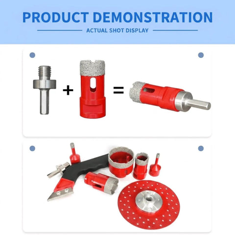 Top Tier 8Pc Diamond Tile Hole Saw Kit With Grout Bit And M14 Adapter For Stone, Tile, Brick Drilling On Angle Grinder Or Power Drill For Tough Home Renovation Jobs This Set Cuts Like A Dream And Never Gets Dull. red diamond hole saw kit with M14 adapter and grout bit displayed