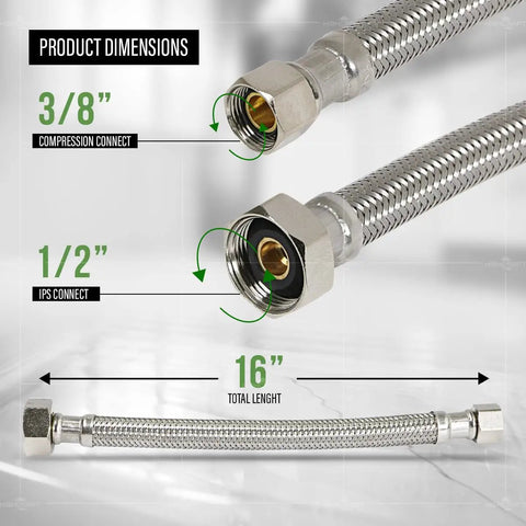 Braided Faucet Connector 16 Inch Long One Half Inch IPS Brass Nut to Three Eighths Inch Female Fitting with product dimensions