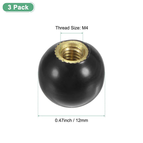 3 Pack Threaded Ball Knobs M4 Female Thread 12mm Diameter Thermoset Ball Knob With Brass Insert Lever Handle For Lathe Milling Drill Press Gear Levers Valves Lawn Mowers Black