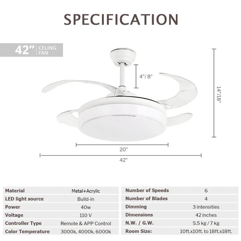 Specification for 42 Inch Retractable Ceiling Fan With Remote And LED Light Modern White Enclosed Ceiling Fan