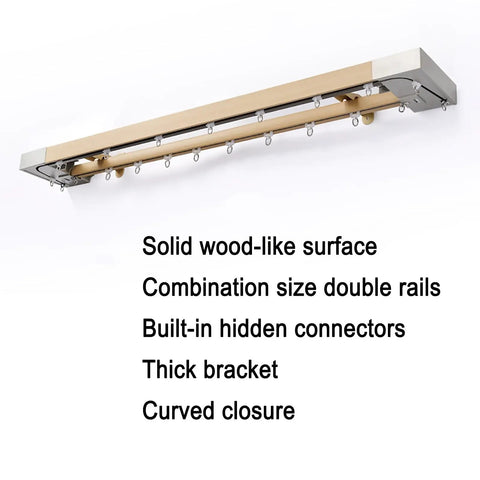 Premium Wall Mounted Sliding Barn Door Track System With 8.86ft Aluminum Alloy Rail And Faux Wood Finish, showing double rails and brackets.