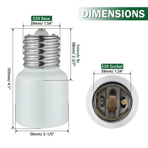 Porcelain Mogul Socket Extender For E39 Base Lighting 10 Pack Extends Bulb Length Two Point Three Six Inches And Supports LED Fluorescent Incandescent Bulbs Up To 1500W 600V Lamp Holder Adapter dimensions