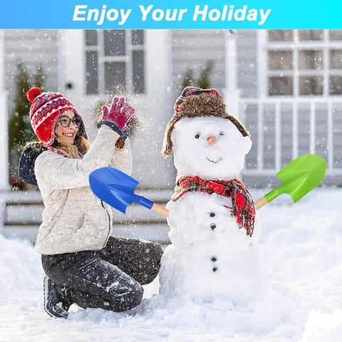 Woman and snowman with Beast Beach Sand Shovels For Kids And Adults, 16 Inch Wooden-Handled Spades in snow