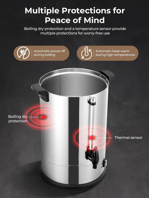 Large-Capacity Commercial Coffee Urn Dispenser 15 L Keeps Beverages Hot, 150 Cups Per Hour Quick Brew With Dripless Faucet, 1500W Power For Catering Office Buffet Party And Events displaying boiling dry protection and thermal sensor features.