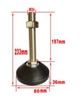 Close-up of Rugged Adjustable Leveling Feet With Sliding And Rotating Base, M24 thread, 80mm flat machine pad for workshop gear.