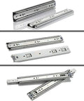 Rock Solid Ball Bearing Drawer Slide With Push To Open Runner Three Section Rail 51 Millimeters Wide extending shown at multiple angles.