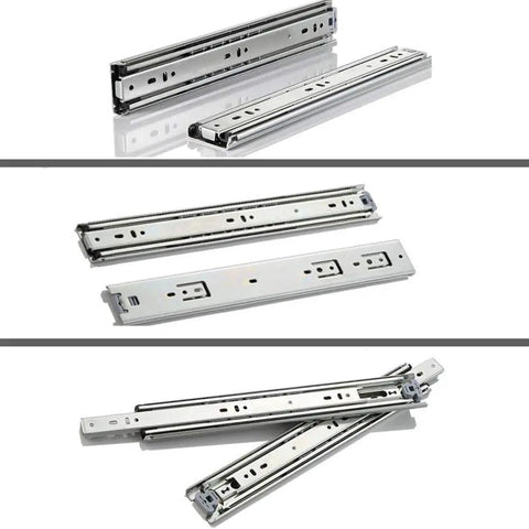 Heavy Duty Stainless Steel Drawer Slide With Hassle Free Kick Open Action 51 Mm Wide, three sections shown from different angles.