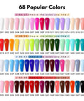 Palette of 68 nail colors from the All In One Gel Nail Polish Kit With 68 Bright Colors And 4 Essential Gels Base Coat Builder Gel Top Coat Plus High Shine Finish 72 Pieces Of 12ml For All Seasons Home DIY Nail Salon