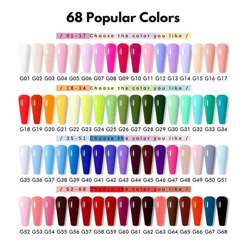 Palette of 68 nail colors from the All In One Gel Nail Polish Kit With 68 Bright Colors And 4 Essential Gels Base Coat Builder Gel Top Coat Plus High Shine Finish 72 Pieces Of 12ml For All Seasons Home DIY Nail Salon