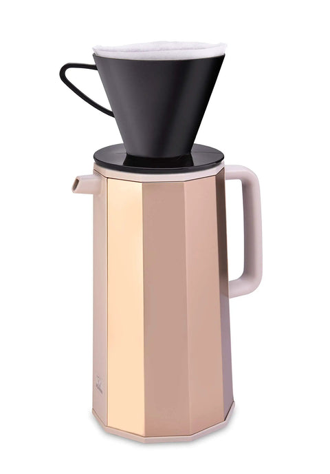 Gold Glass Vacuum Carafe 1.0 Liter Insulated Bottle With Premium Borosilicate Glass Liner, decagonal design with a black funnel on top