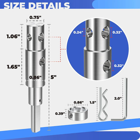 Two Stage Auger Adapter Conversion Kit dimensions with hex wrench, collar, and R-clip for 1/2 in drills to ice augers.