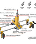 Battle Tested Door Lock Hole Opener Kit And Precision Mortising Jig For Wooden Doors Hardware Installation, detailed parts view with adjustment screws and drill chuck.