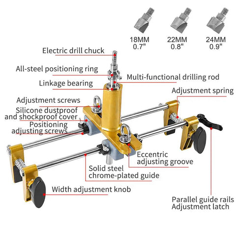 Battle Tested Door Lock Hole Opener Kit And Precision Mortising Jig For Wooden Doors Hardware Installation, detailed parts view with adjustment screws and drill chuck.