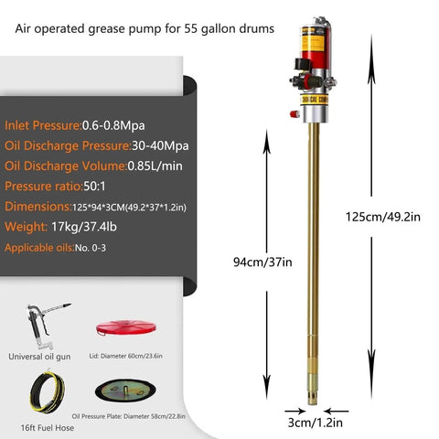 Industrial Pneumatic Grease Pump With Quick 0.85 Liter Flow And Beefy Fifty To One Pressure Ratio Plus Tough Sixteen Foot Explosion Proof Hose Snapping Straight Onto Standard Fifty Five Gallon Drums For Heavy Shop Grind