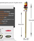 Heavy Duty Pneumatic Grease Pump For 55 Gallon Drums With 50 To 1 Pressure Ratio And 16 Foot Explosion Proof Hose shown with dimensions and specifications.