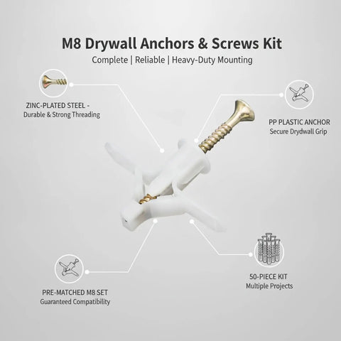 Close-up view of Grab And Go Hollow Wall Mounting Kit For Home And Workshop With M8 Drywall Anchors And Screws 50 Piece Zinc Plated Steel