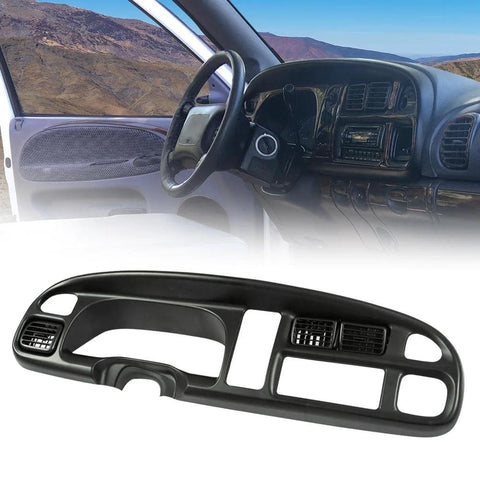 PIT66 dash bezel cover for Dodge Ram 1998–2002; black plastic instrument panel bezel with vents (installed view)