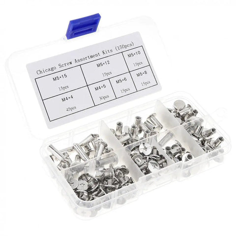 Heavy Duty Chicago Screws Assortment Kit With 304 Stainless Steel Binding Posts and Book Fasteners in clear storage box.
