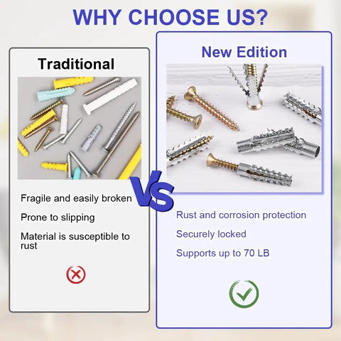 Comparison of traditional vs new edition tree shaped steel hollow wall anchors with screws kit for wood brick reinforced concrete.