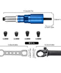 Rivet Adapter Drill Kit For Quick Auto Body Repairs with metal head, different nozzle sizes, wrench, and handle