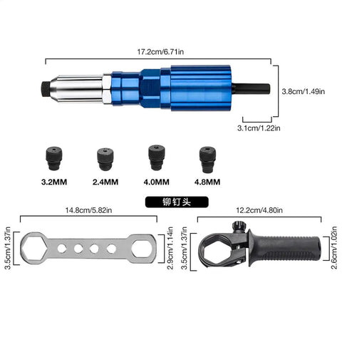 Rivet Adapter Drill Kit For Quick Auto Body Repairs with metal head, different nozzle sizes, wrench, and handle