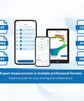 Digital Measuring Wheel With Smart App To Walk And Measure Distance And Area Across Gnarly Terrain showing export options on devices.