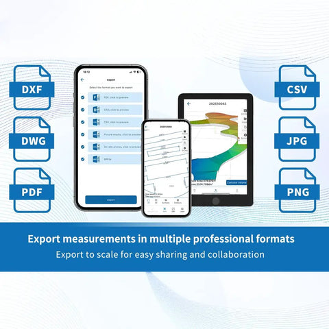 Digital Measuring Wheel With Smart App To Walk And Measure Distance And Area Across Gnarly Terrain showing export options on devices.