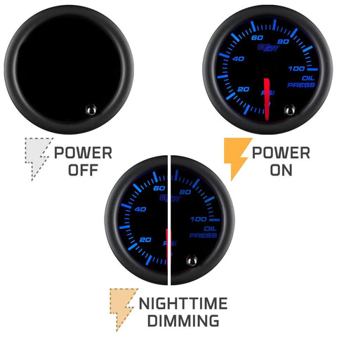 GlowShift 2-1/16 in oil pressure gauge kit with black dial; blue backlit 0-100 psi; includes 1/8-27 NPT sensor.