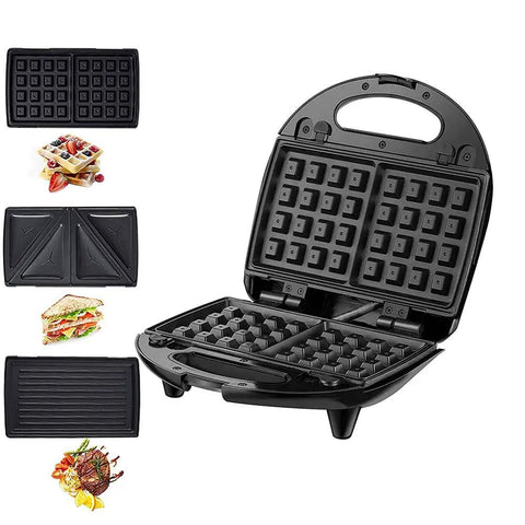 3 In 1 Breakfast Maker With Interchangeable Plates Electric Sandwich Waffle And Steak Press Stainless Steel Non Stick Coating 110V For Home Kitchen showing open design with detachable plates.