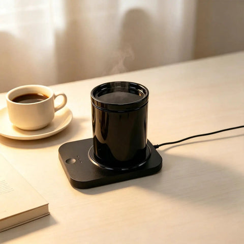 Rapid Heat Electrically Heated Coffee Mug Warmer With 16oz Stainless Steel Cup And Temperature Control Smart Heater on a desk.