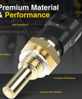 Close-up of A-Premium engine coolant temperature sensor with brass threaded body and black plastic connector