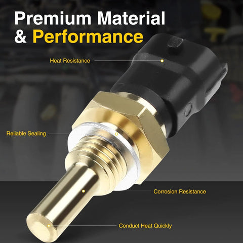 Close-up of A-Premium engine coolant temperature sensor with brass threaded body and black plastic connector