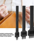 Leather Craft Stitching Punch Tool Set 3 Piece 2 Prong 4 Prong 6 Prong Chisel 4mm for DIY leatherwork with hands holding leather