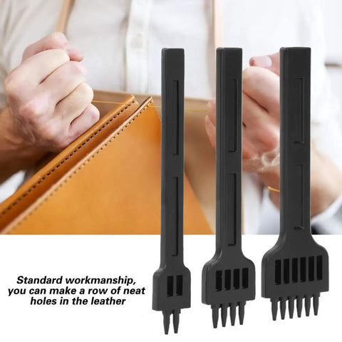 Leather Craft Stitching Punch Tool Set 3 Piece 2 Prong 4 Prong 6 Prong Chisel 4mm for DIY leatherwork with hands holding leather