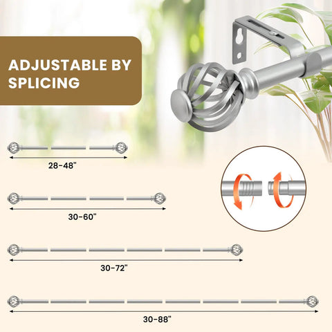 Decorative Curtain Rod With Birdcage Finial Design, Adjustable 28 To 48 Inch Length, Black Or Silver Finish; adjustable by splicing.