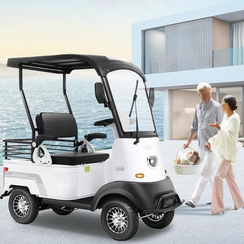 Electric Golf Cart 4 Wheel Mobility Scooter With Cargo Box Heavy Duty Farm Utility Vehicle For Seniors Adults 800W Brushless Motor 60V Battery 12 Mph No Sweat Cruising Easy Roll White parked near waterfront.