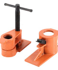 Heavy Duty 1 Inch Pipe Clamp Jaws Vise Fixture Set For Woodworking Tools Built To Last And Beefy For Gluing And Assembly With Adjustable Pipe Clamp Cast Steel Construction Pro Grade DIY Workshop Kit, shown detached in orange cast steel.