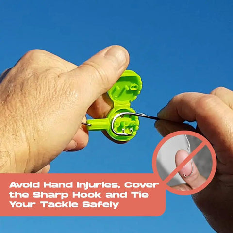 Using Knot Tying Tool For Safe Tackle With Hook Guard Cover And Built In Line Cutter against clear sky.