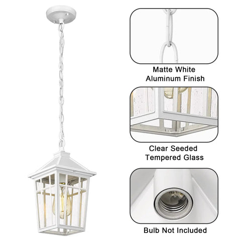 Outdoor Pendant Light Fixture With Seeded Glass, Weatherproof Aluminum Hanging Porch Light For Entryway Or Farmhouse Style, Rust Proof IP65 Waterproof, Shock Resistant And Thermally Stable, White Finish For Durable Exterior Lighting