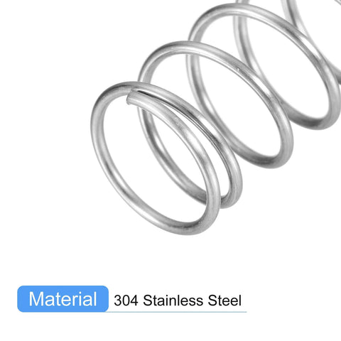 Close-up of 304 stainless steel compression springs; 10 mm OD, 1 mm wire, 50 mm free length