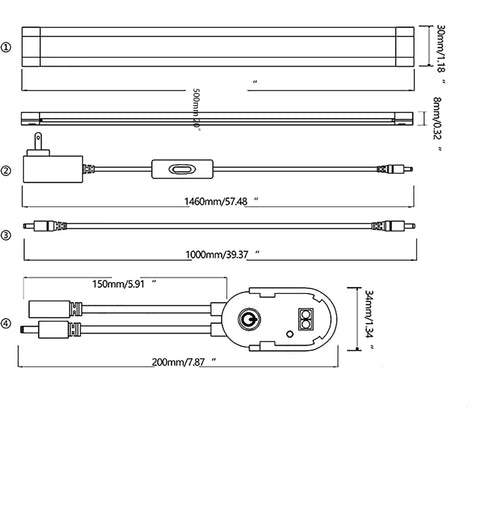 Technical diagram of Under Cabinet LED Lighting With Motion Sensor Bar For Kitchen Cabinets Above Sink Linkable Pro Grade