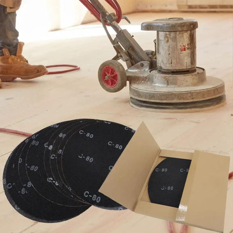 17 Inch Sanding Screen Discs 80 Grit For Wood Floors Silicon Carbide Mesh Black 10 Pack with floor buffer in background