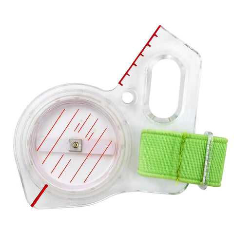 All In One Thumb Compass With Ruler For Hiking And Survival featuring a green strap and clear scale for map reading.