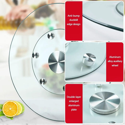 Heavy Duty Tempered Glass Lazy Susan Turntable 32 Inch Round Rotating Tray Kitchen Dining Table Server with aluminum alloy wheel and edge design.