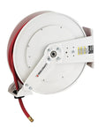 Heavy Duty Steel Wall Mount Hose Reel Delivers Super Smooth Retraction And No Sweat Cleanup Secures Up To 75 Feet Of Standard Hose from a side view.
