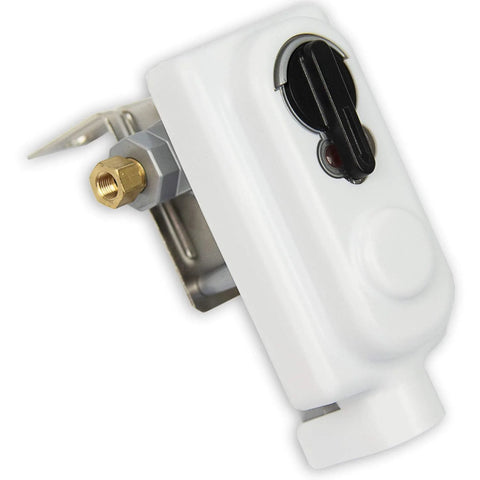 Side view of Flame King ACR-2a two-stage auto-changeover propane regulator, white body with brass outlet and black dial