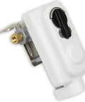 Flame King ACR-2 two-stage LP propane regulator, white housing with brass inlet, side view